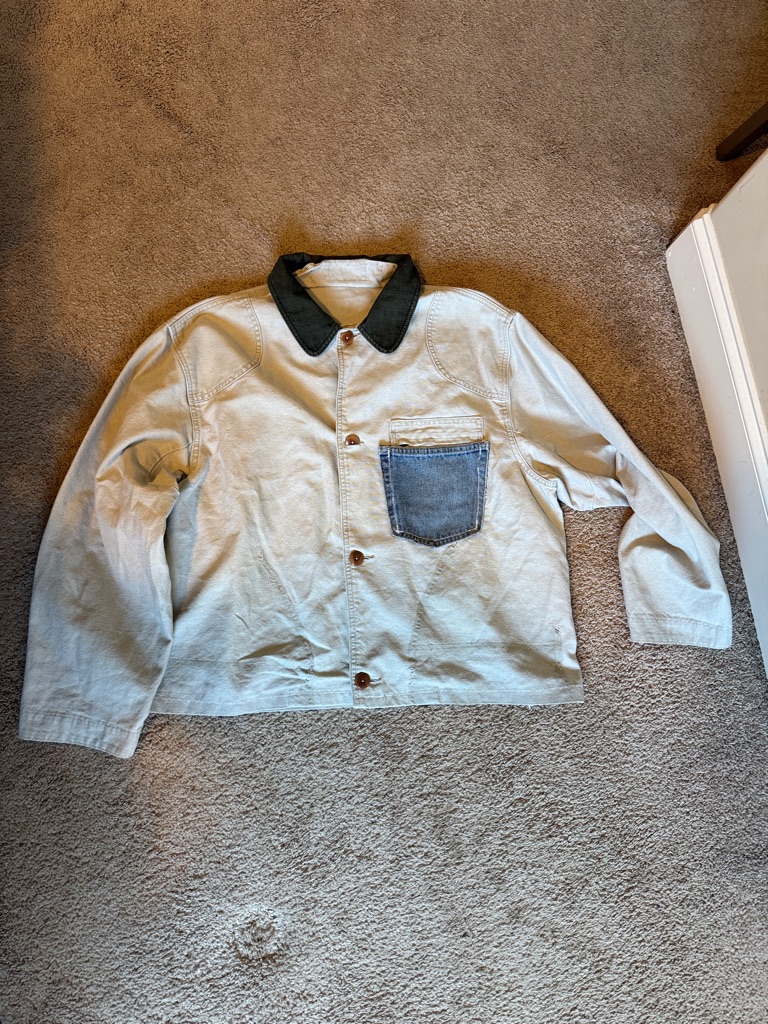L.L. Bean Light Cream Work Jacket With Dark Collar And Blue Pocket (Cropped)